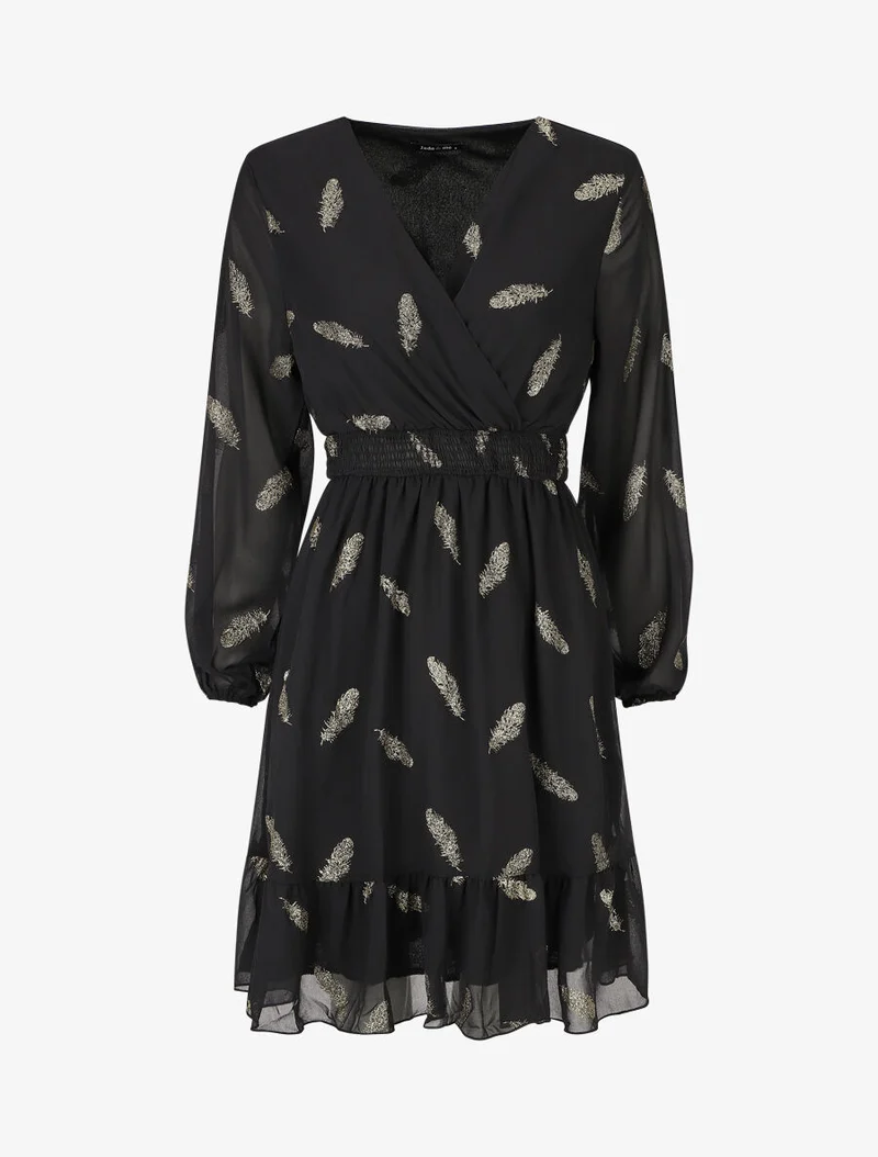 Midikleid mit goldfarbenem Federprint - Schwarz