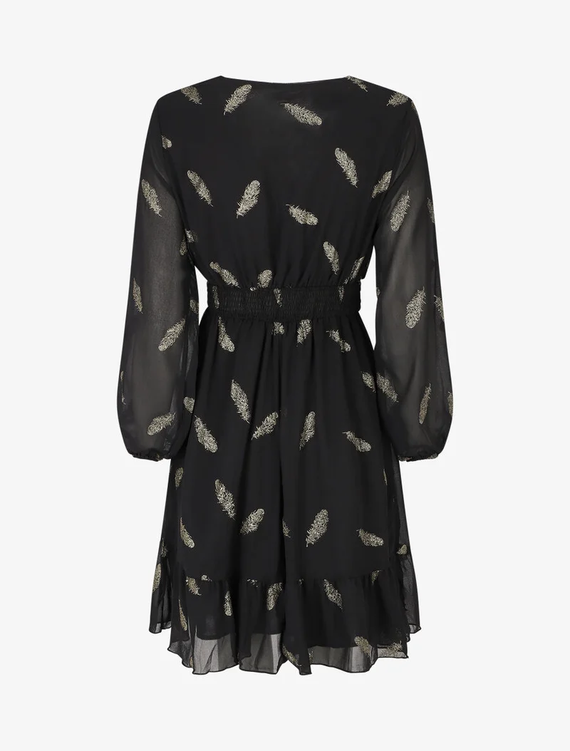 Midikleid mit goldfarbenem Federprint - Schwarz