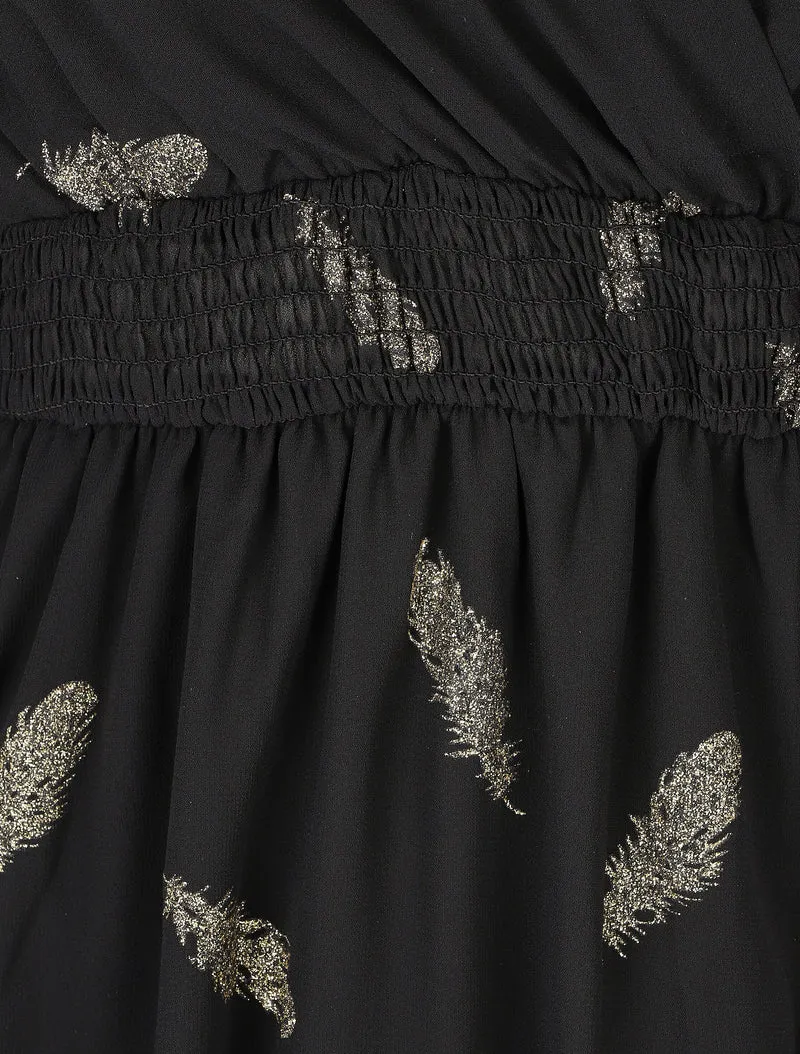 Midikleid mit goldfarbenem Federprint - Schwarz