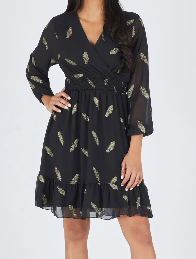 Midikleid mit goldfarbenem Federprint - Schwarz