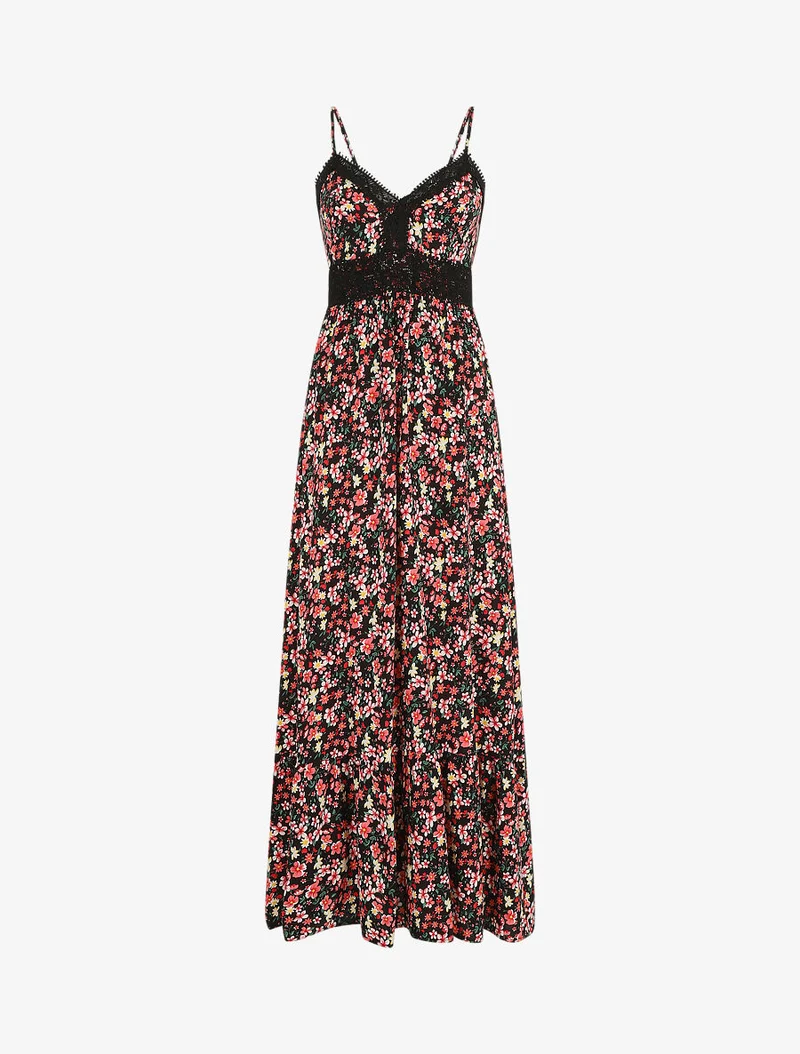 Langes Kleid mit Spitzenkragen und Blumenmuster. - Schwarz