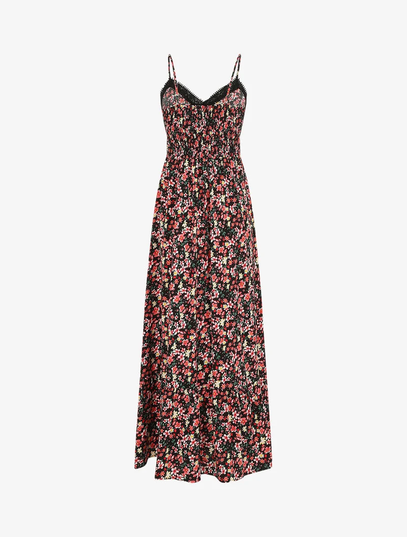 Langes Kleid mit Spitzenkragen und Blumenmuster. - Schwarz