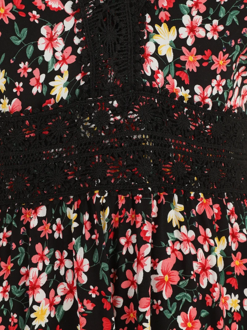 Langes Kleid mit Spitzenkragen und Blumenmuster. - Schwarz
