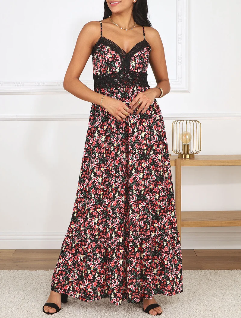 Langes Kleid mit Spitzenkragen und Blumenmuster. - Schwarz