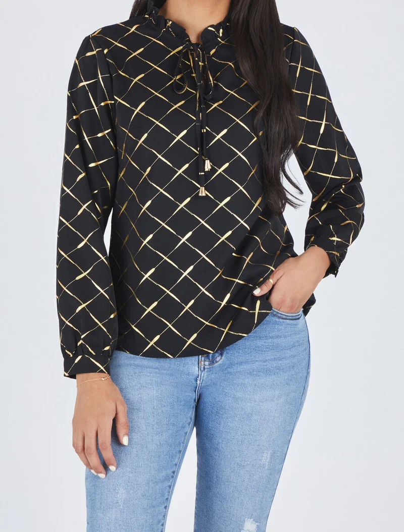 Bluse mit V-Ausschnitt und goldenen Prints - Schwarz