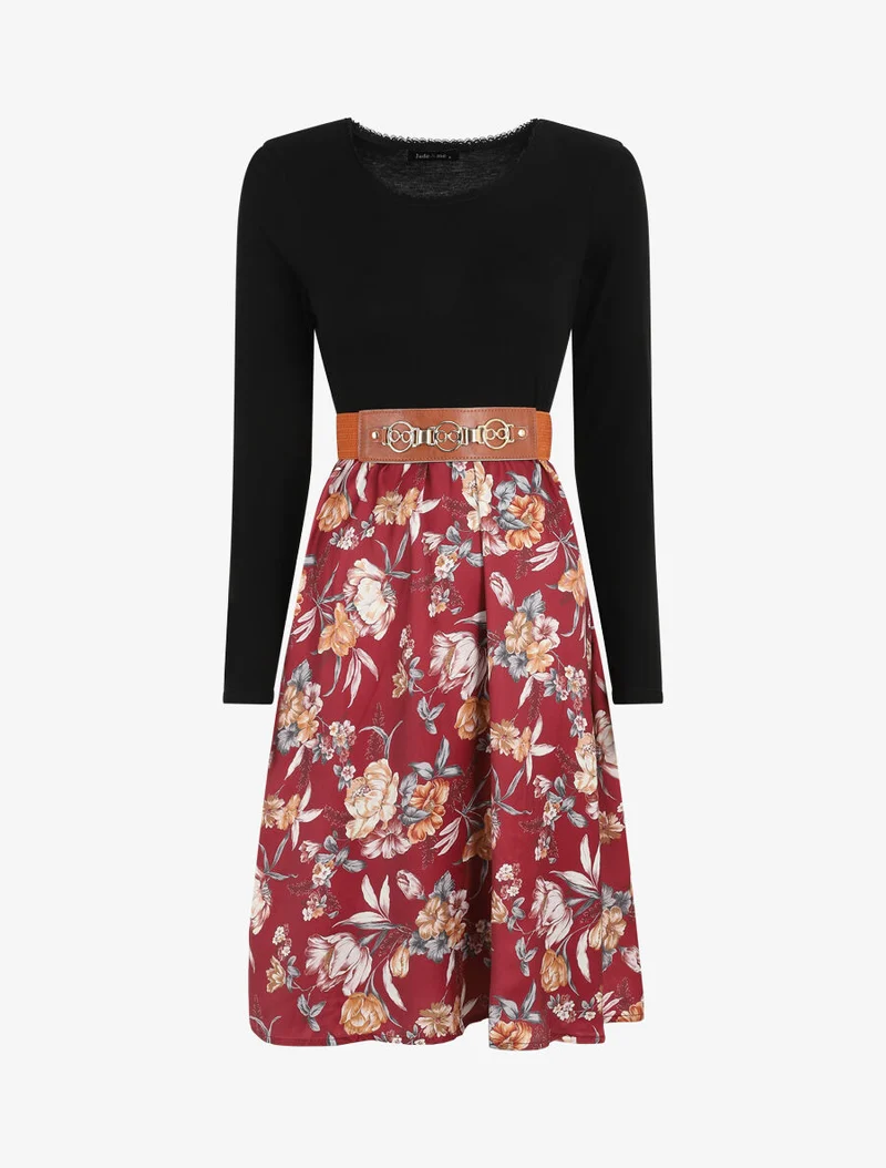 Zweifarbiges Kleid mit Blumenmuster - Bordeaux