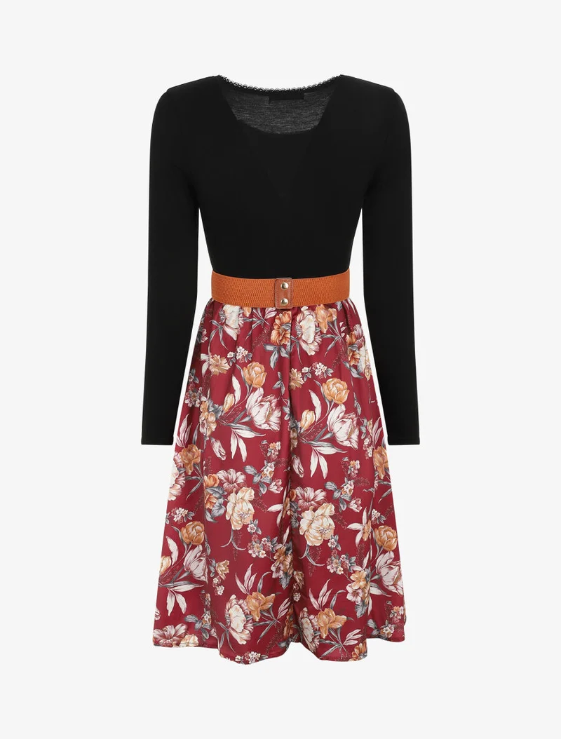 Zweifarbiges Kleid mit Blumenmuster - Bordeaux