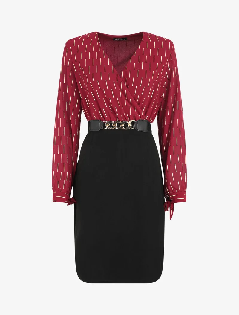 Midikleid mit goldenem Druckmuster - Bordeaux