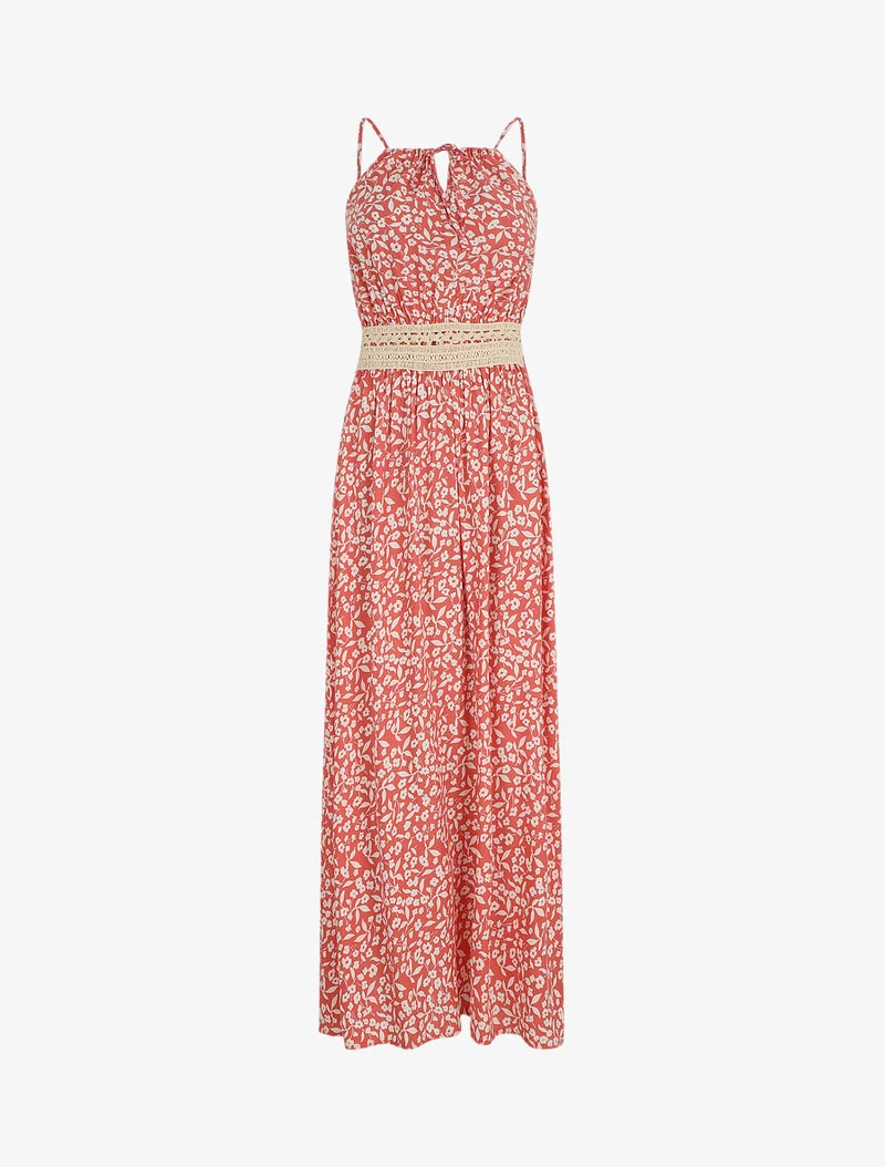 Langes Kleid mit amerikanischem Kragen und Spitze - Lachsrosa