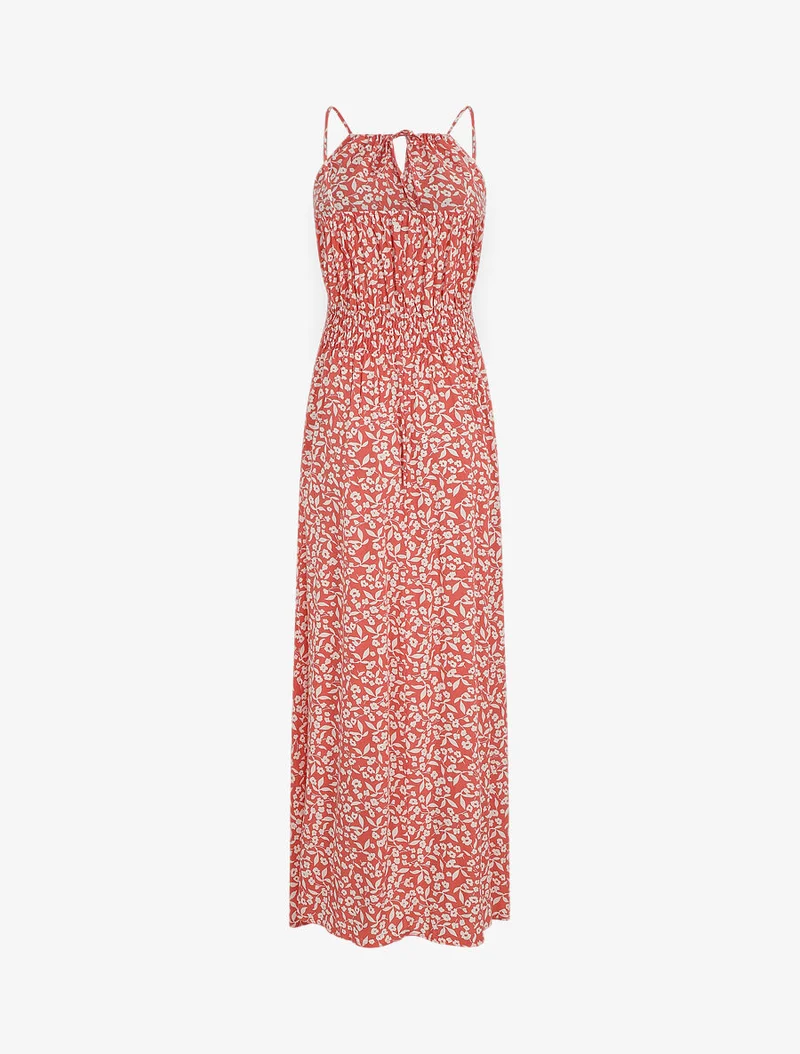 Langes Kleid mit amerikanischem Kragen und Spitze - Lachsrosa