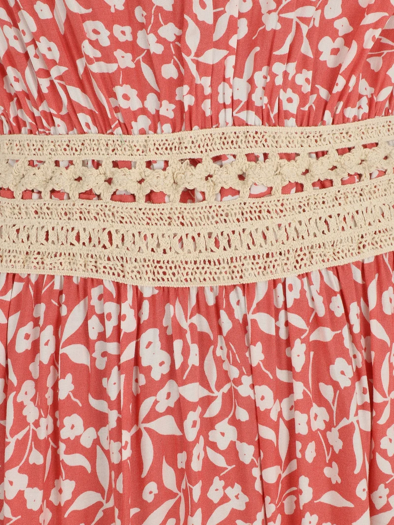 Langes Kleid mit amerikanischem Kragen und Spitze - Lachsrosa