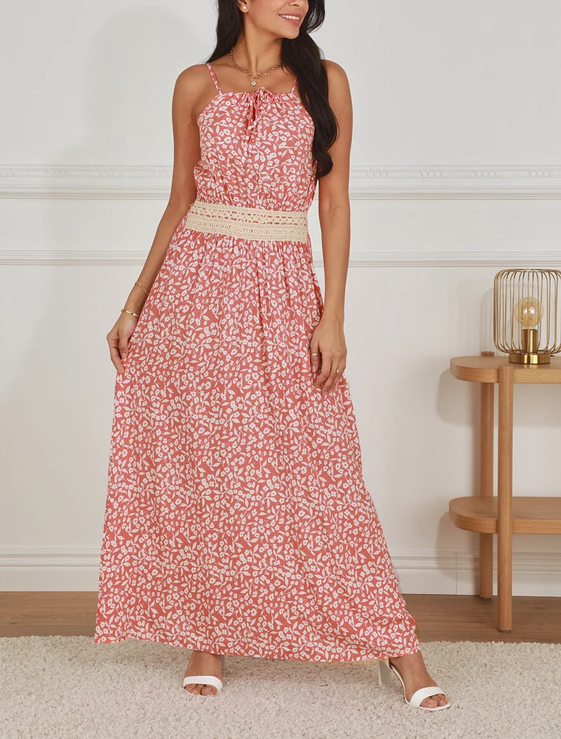Langes Kleid mit amerikanischem Kragen und Spitze - Lachsrosa