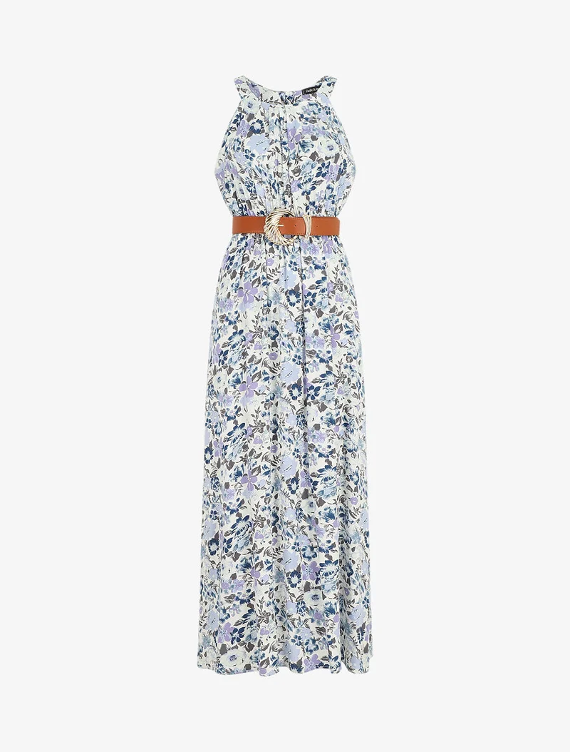 Langes Empirekleid mit elastischer Taille - Blau
