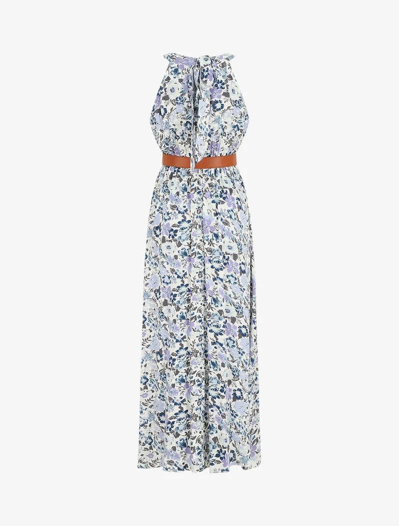 Langes Empirekleid mit elastischer Taille - Blau