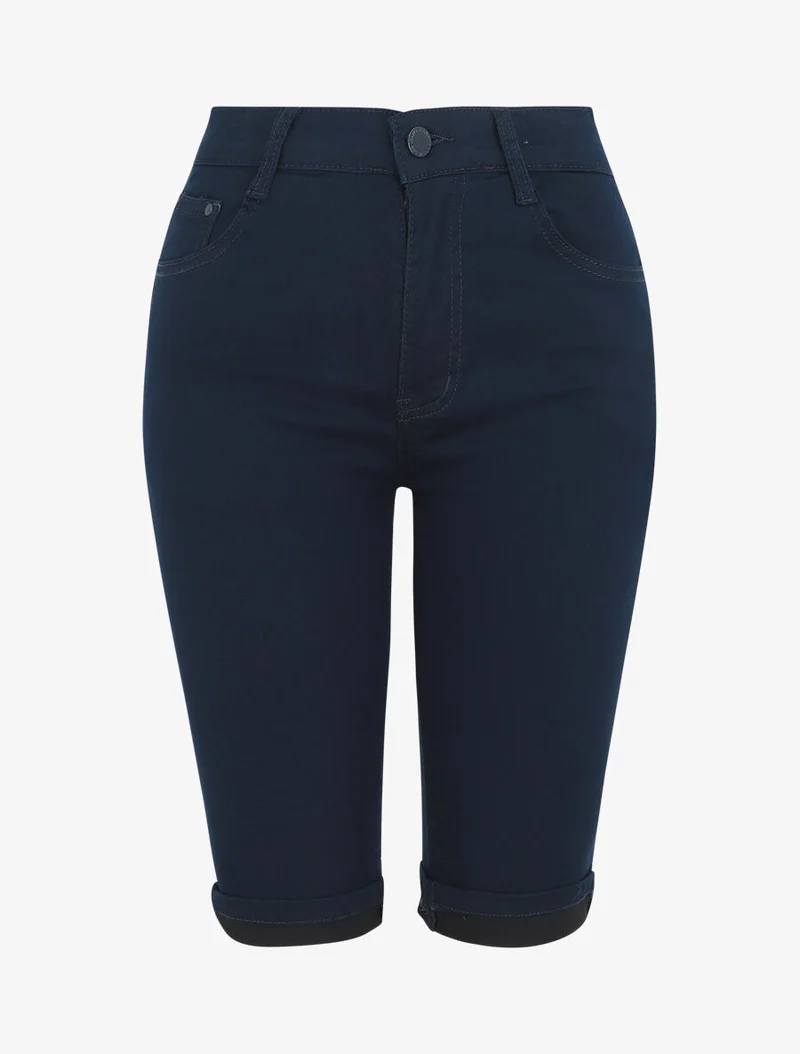 Bermuda Push-up einfarbig mit Säumen - Marine