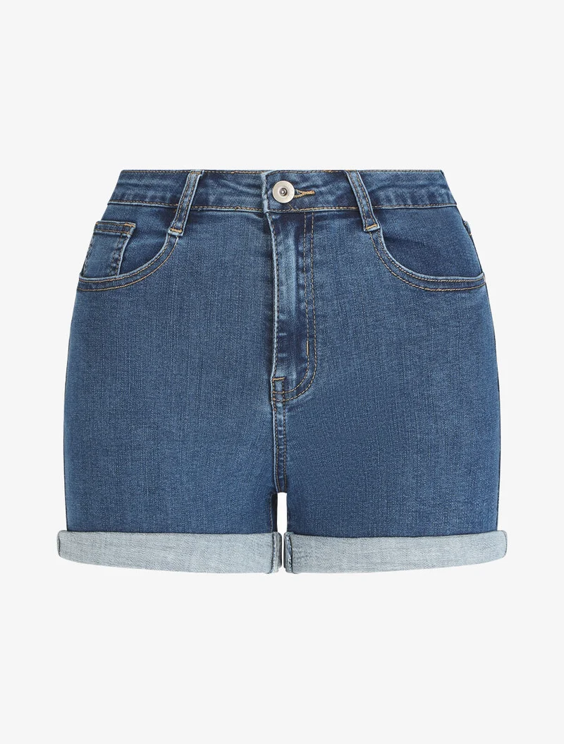 Gerade geschnittener High-Waist-Jeansshorts - Denimblau
