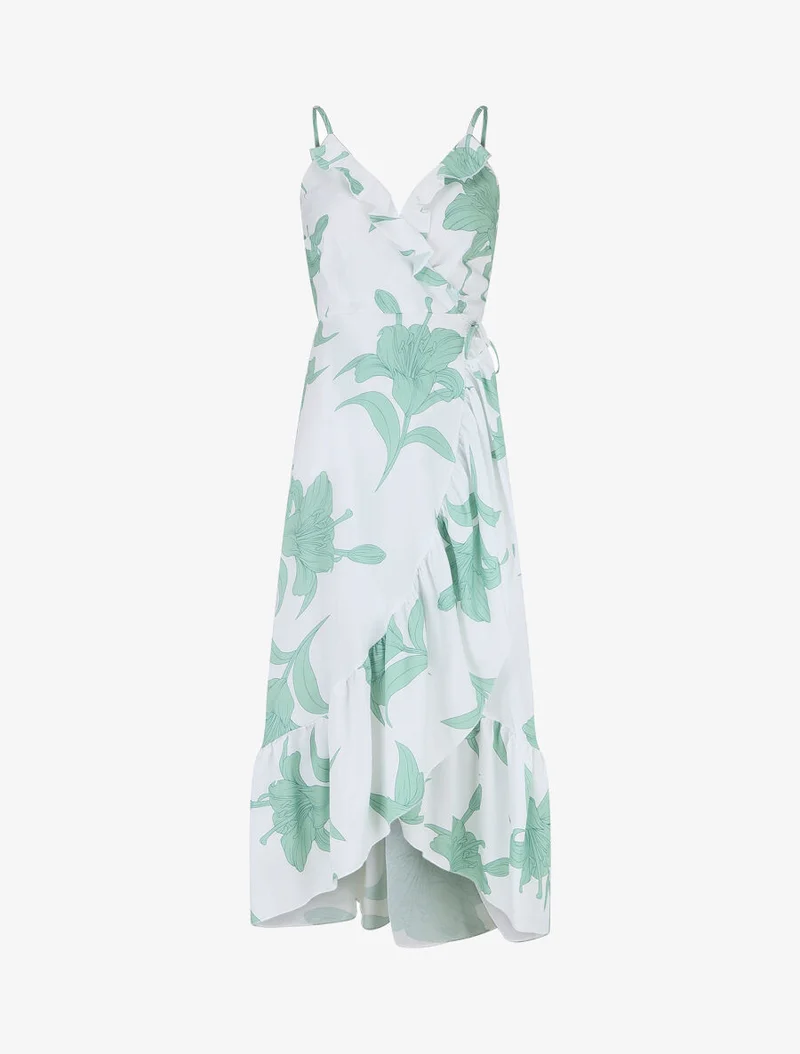 Asymmetrisches langes Kleid mit großem Blumenmuster - Weiß