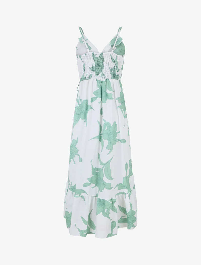 Asymmetrisches langes Kleid mit großem Blumenmuster - Weiß