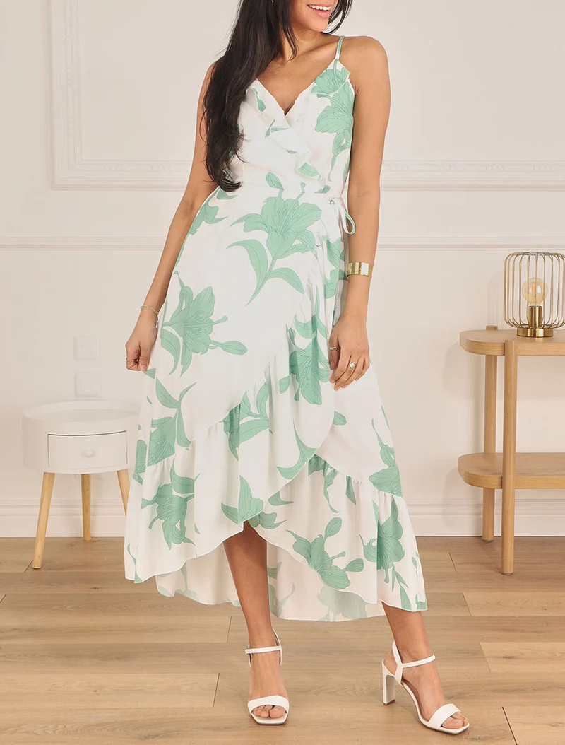 Asymmetrisches langes Kleid mit großem Blumenmuster - Weiß