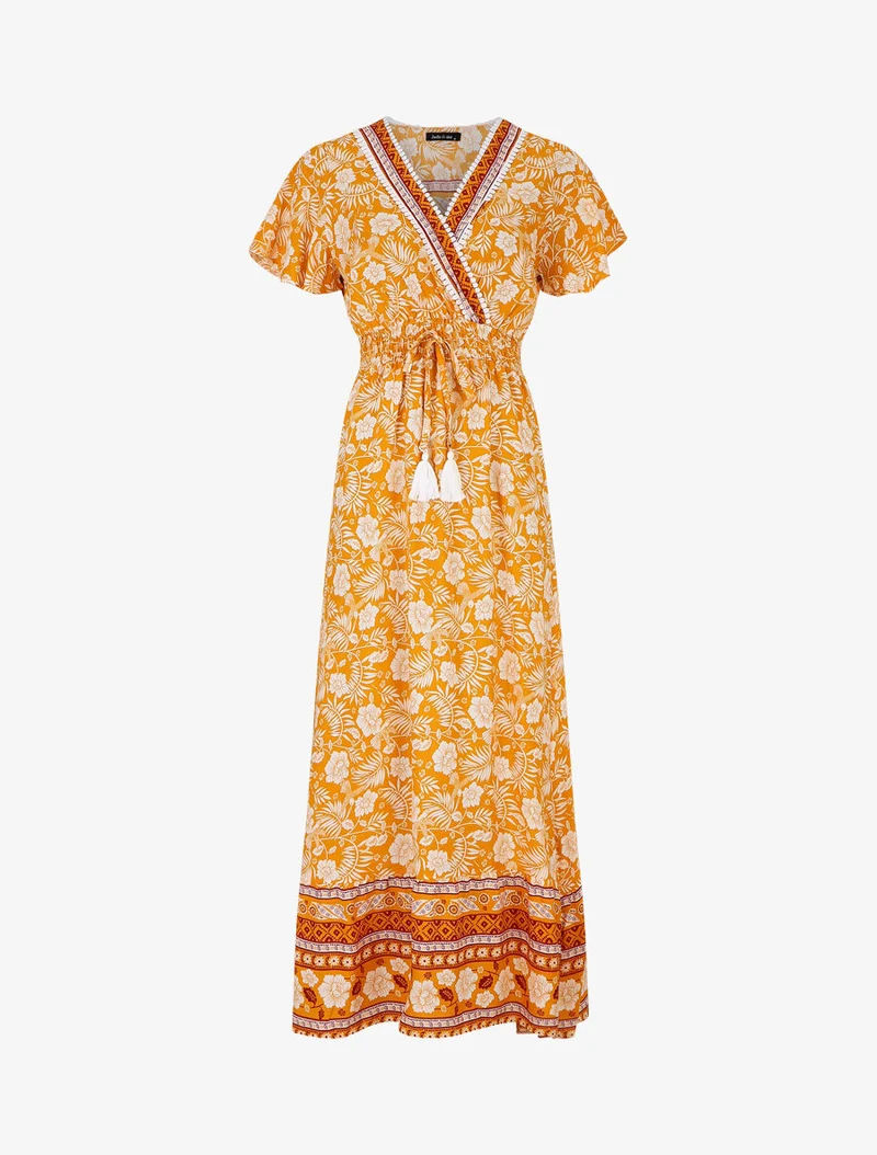 Kleid mit Blumenmuster und Rüschenärmeln - Orange