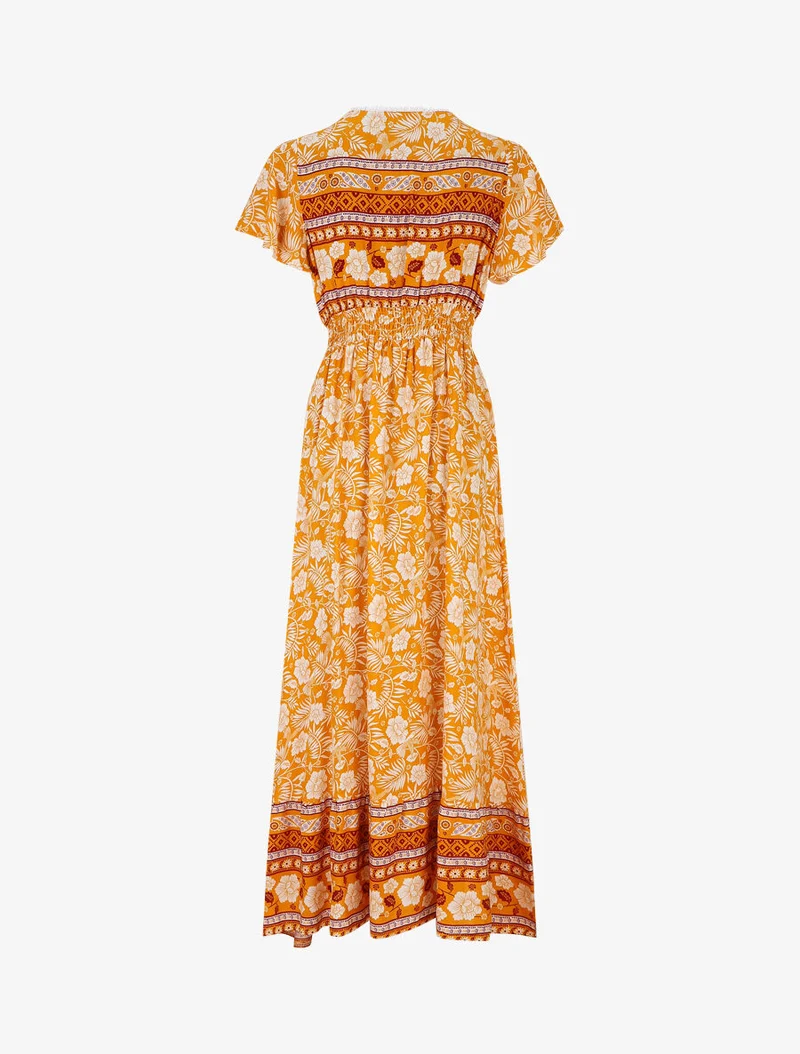 Kleid mit Blumenmuster und Rüschenärmeln - Orange