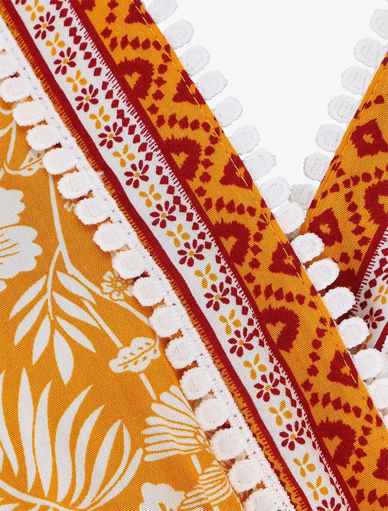 Kleid mit Blumenmuster und Rüschenärmeln - Orange