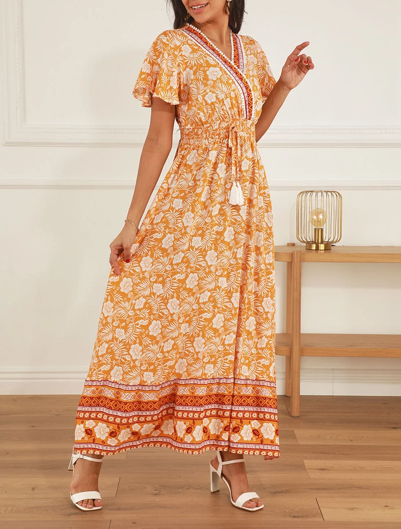 Kleid mit Blumenmuster und Rüschenärmeln - Orange