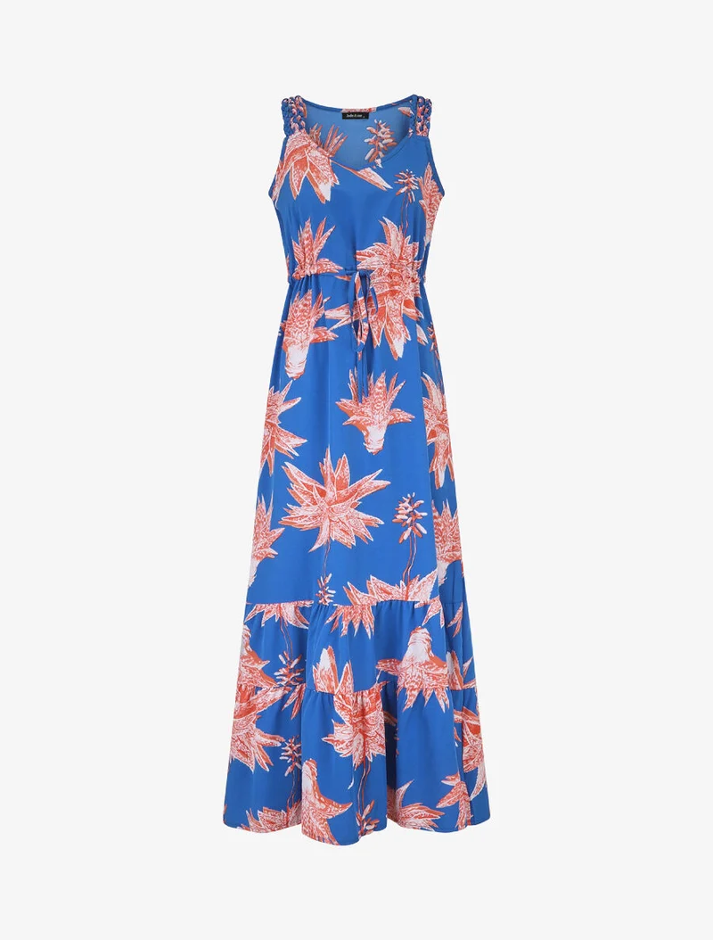 Langes gerades Kleid mit Blumenmuster - Königsblau