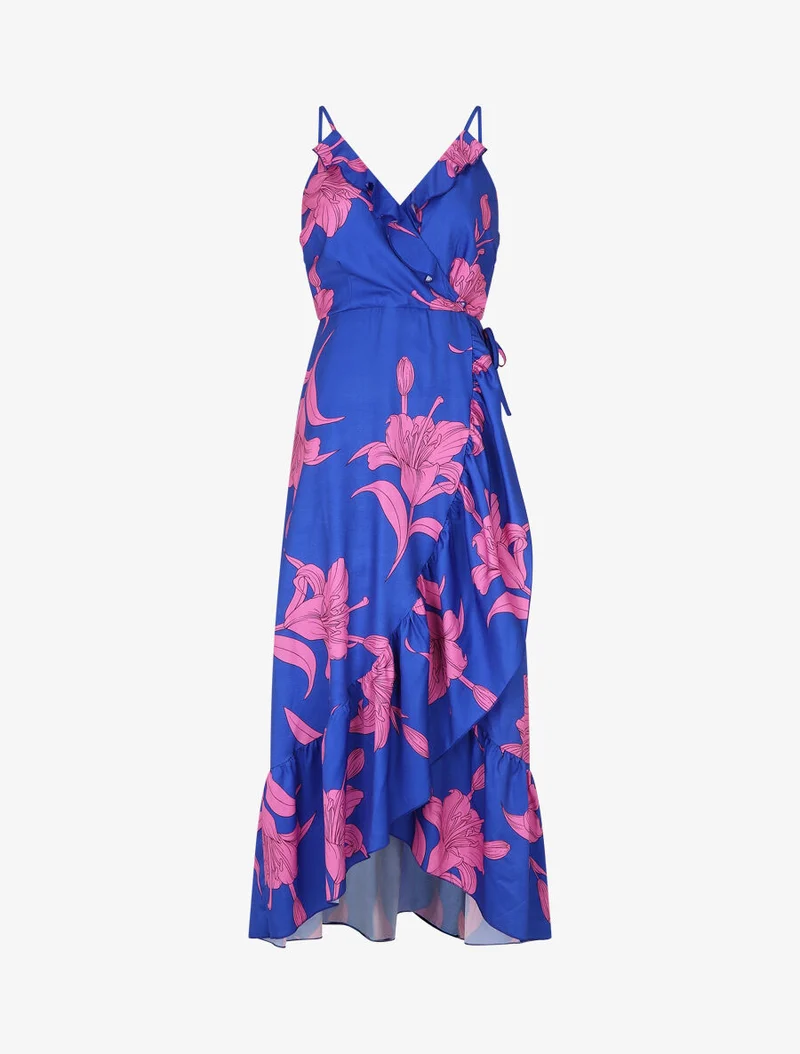 Asymmetrisches langes Kleid mit großem Blumenmuster - Königsblau