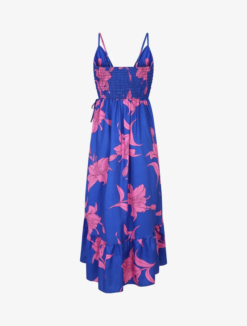 Asymmetrisches langes Kleid mit großem Blumenmuster - Königsblau