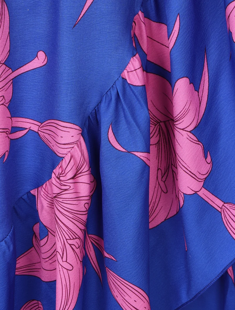 Asymmetrisches langes Kleid mit großem Blumenmuster - Königsblau