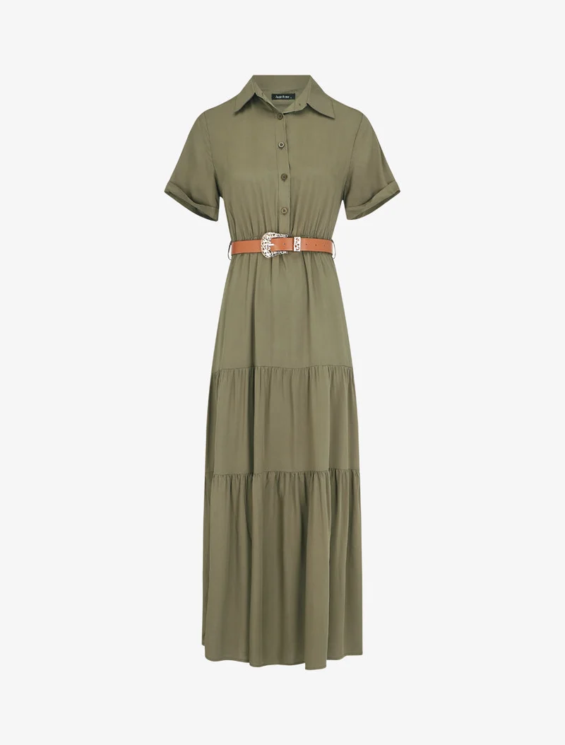 Langes einfarbiges Kleid mit elastischer Taille - Kaki