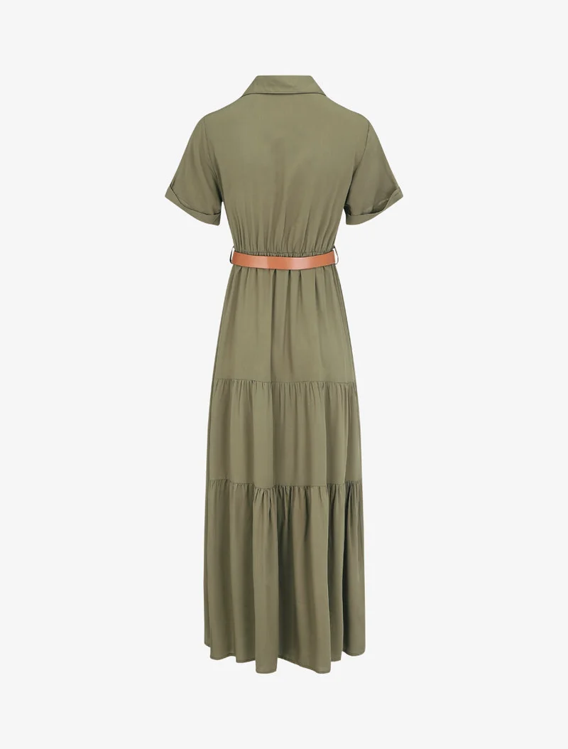 Langes einfarbiges Kleid mit elastischer Taille - Kaki