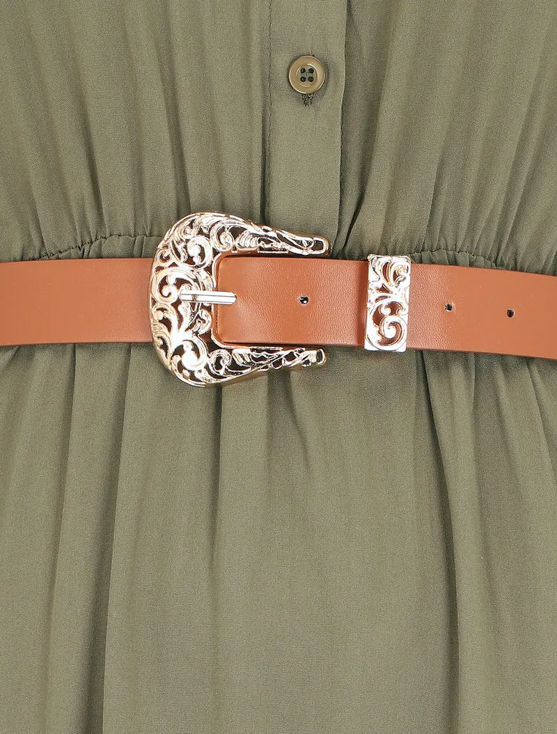 Langes einfarbiges Kleid mit elastischer Taille - Kaki