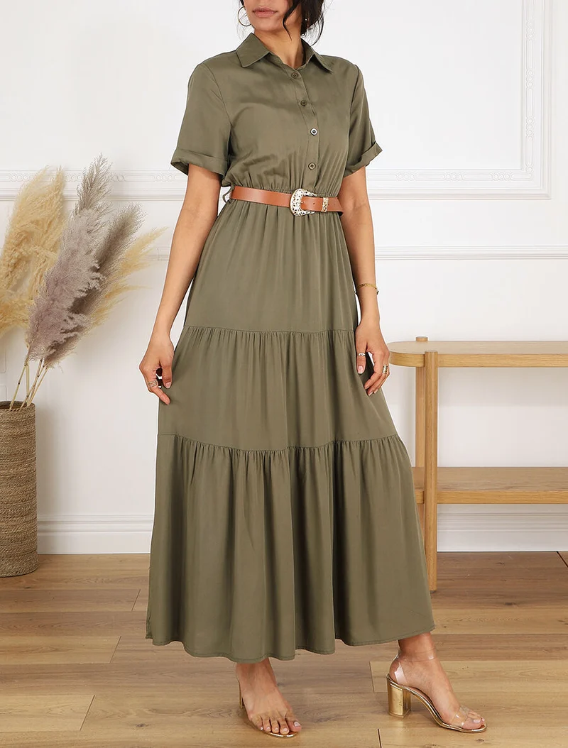Langes einfarbiges Kleid mit elastischer Taille - Kaki