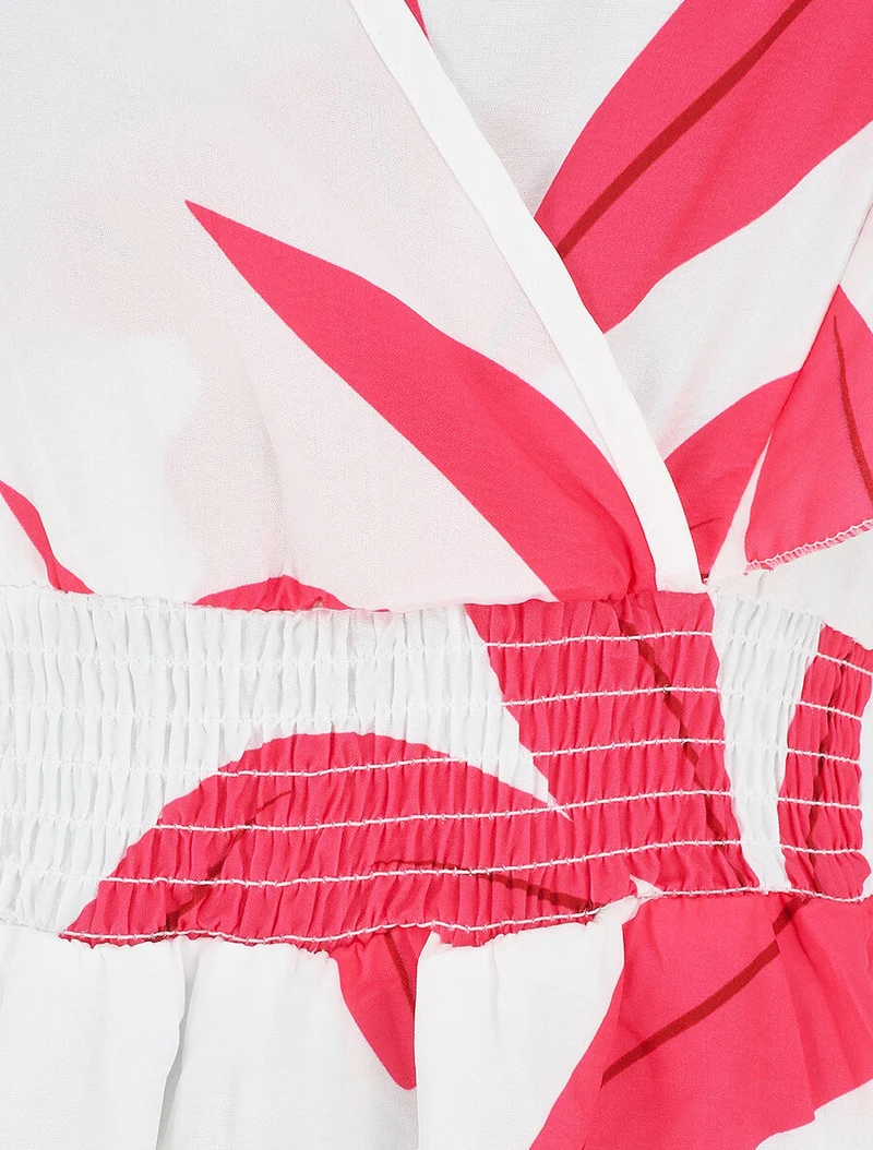 Ärmelloses langes Kleid mit Volants und Pflanzenmuster - Weiß