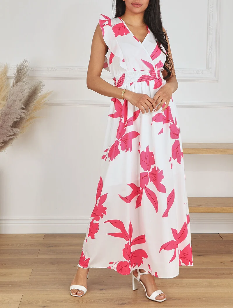 Ärmelloses langes Kleid mit Volants und Pflanzenmuster - Weiß