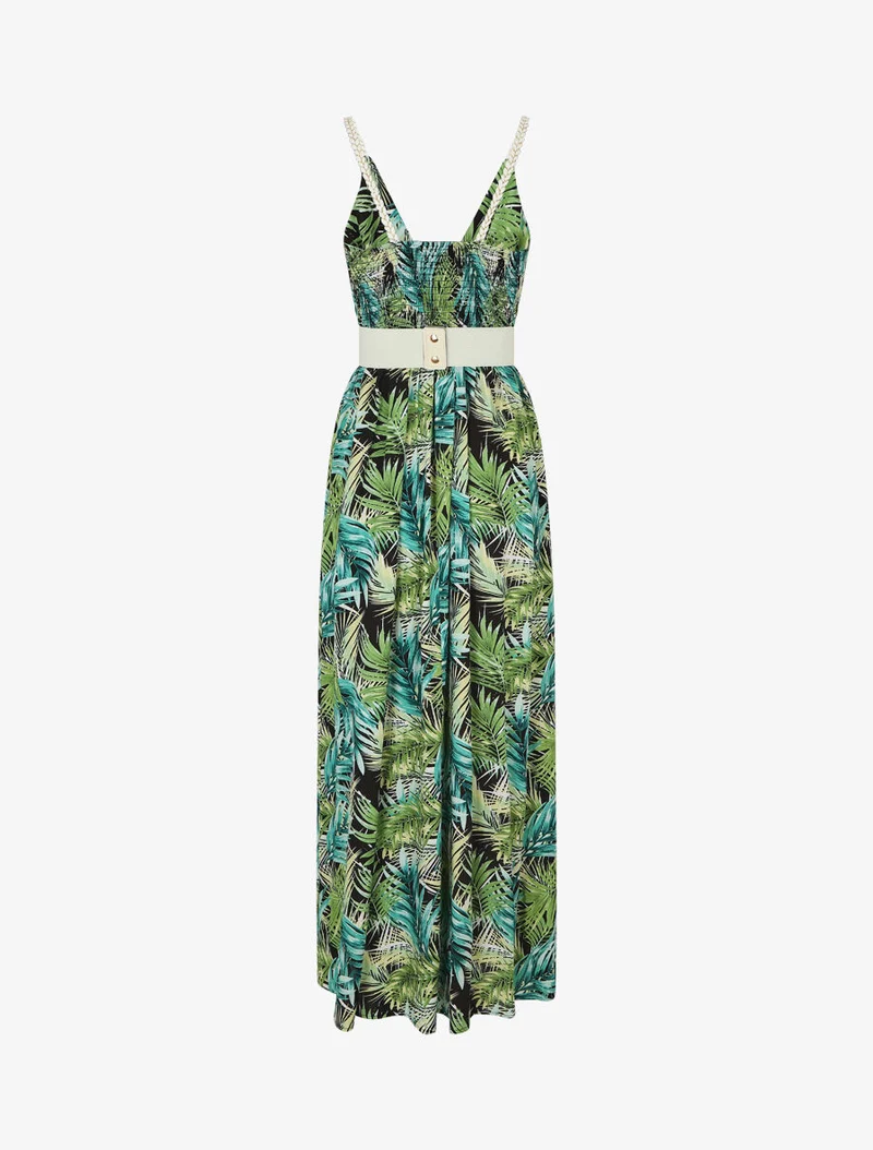 Elastisches langes Kleid mit Blätterdruck - Schwarz