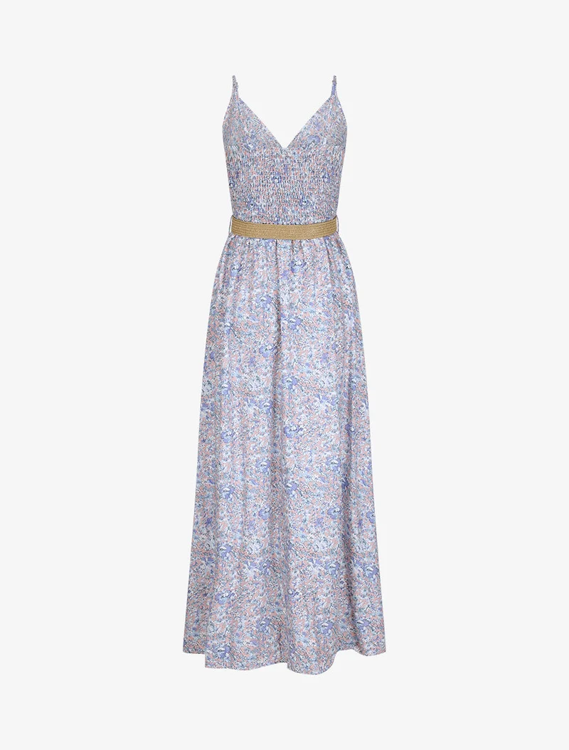 Langes Kleid mit Gänseblümchenmuster - Hellblau/Rosa