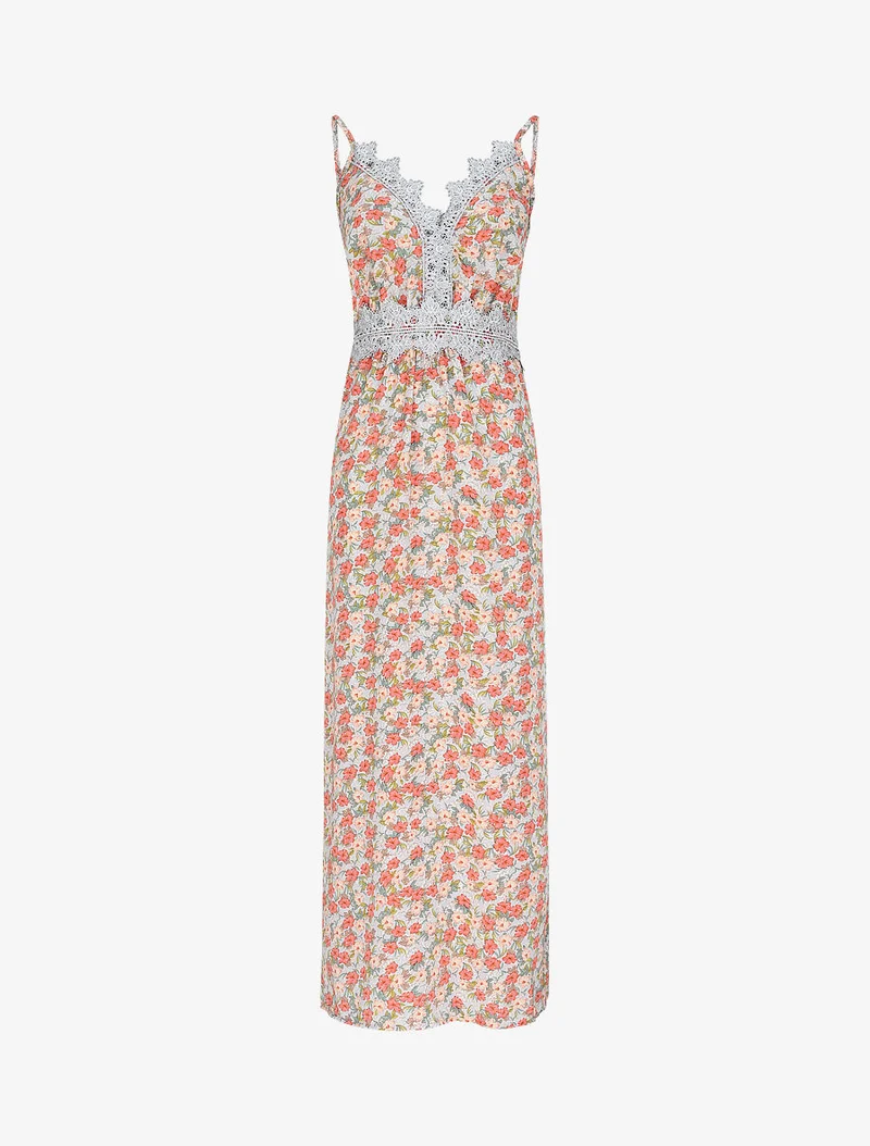 Langes Kleid mit Blumenmuster und feinen Stickereien - Orange