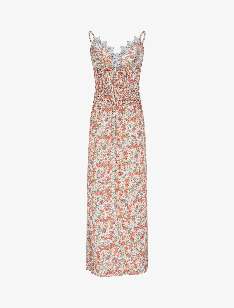 Langes Kleid mit Blumenmuster und feinen Stickereien - Orange