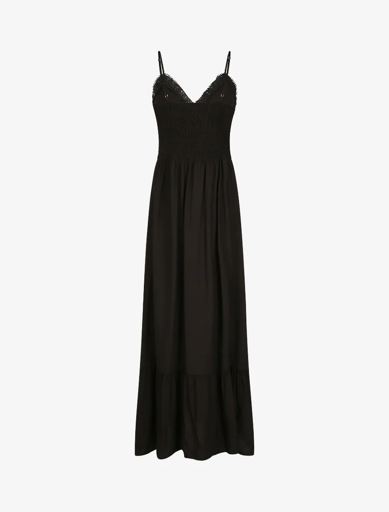 Langes Kleid mit V-Ausschnitt aus Spitze - Schwarz