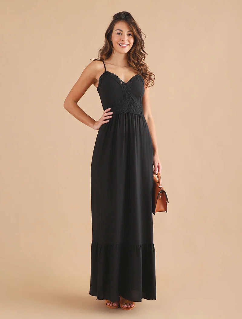 Langes Kleid mit V-Ausschnitt aus Spitze - Schwarz