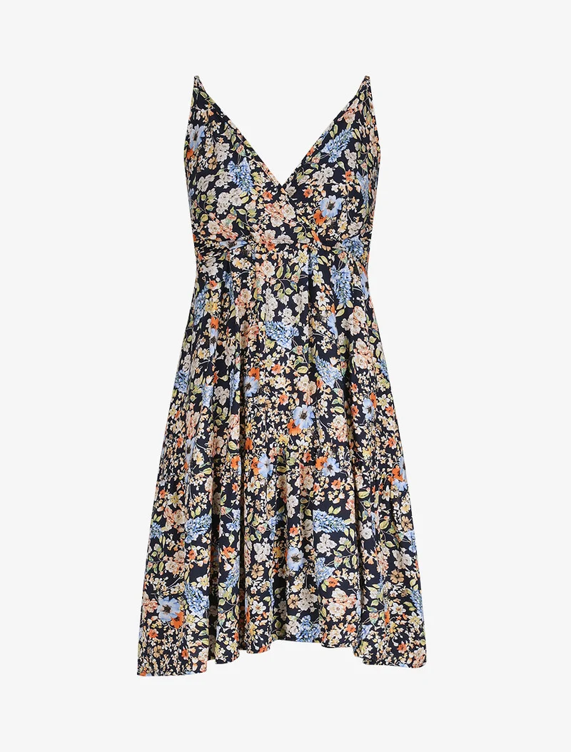 Midikleid im Skaterstil mit Frühlingsblumenmuster - Marine