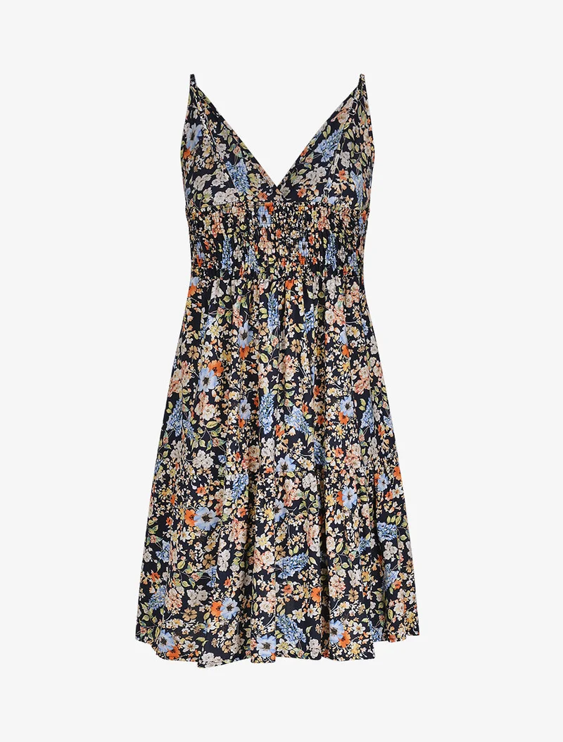 Midikleid im Skaterstil mit Frühlingsblumenmuster - Marine