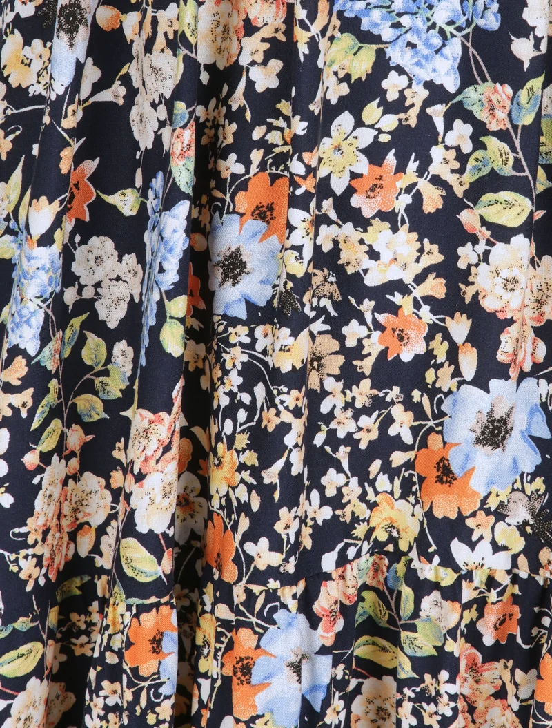 Midikleid im Skaterstil mit Frühlingsblumenmuster - Marine