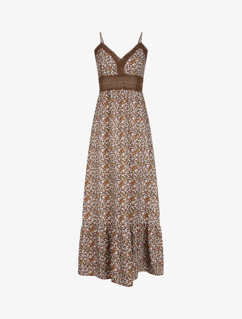 Langes Kleid mit kleinen Blumen bedruckt und V-Ausschnitt aus Spitze. - Braun