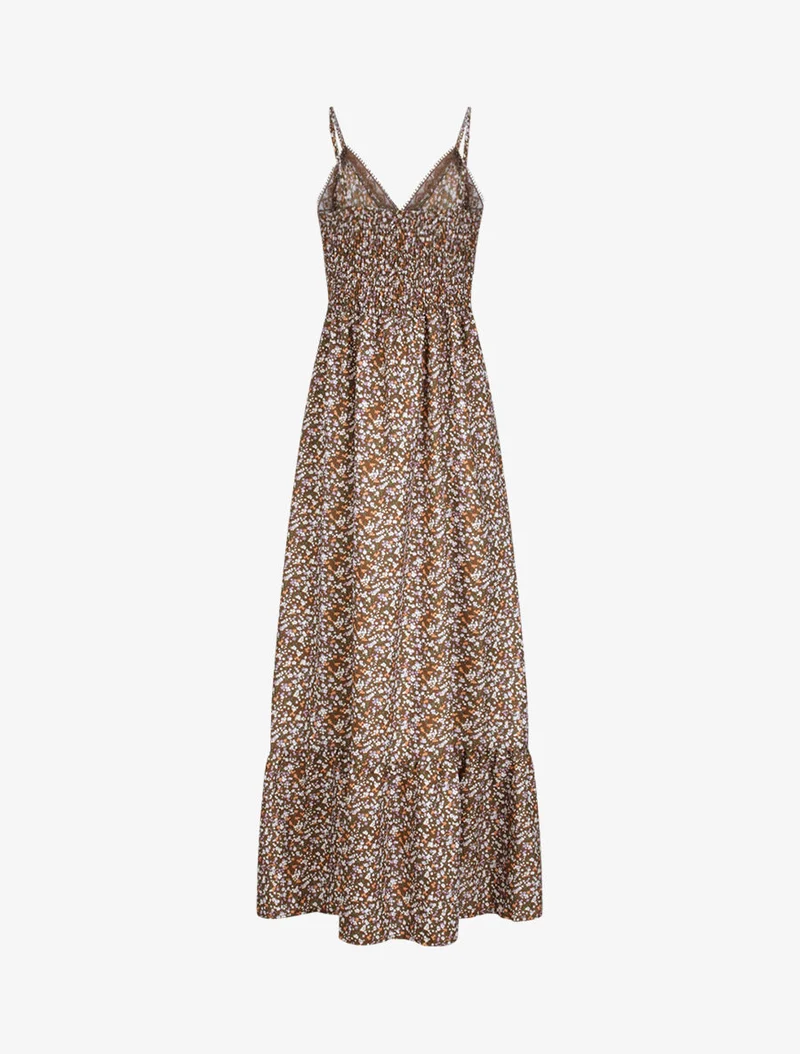 Langes Kleid mit kleinen Blumen bedruckt und V-Ausschnitt aus Spitze. - Braun