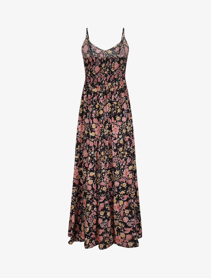Langes Kleid mit Blumenmuster - Schwarz