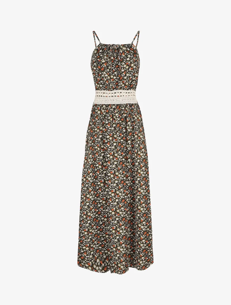 Langes Kleid mit Blumenmuster und bestickter Taille - Schwarz